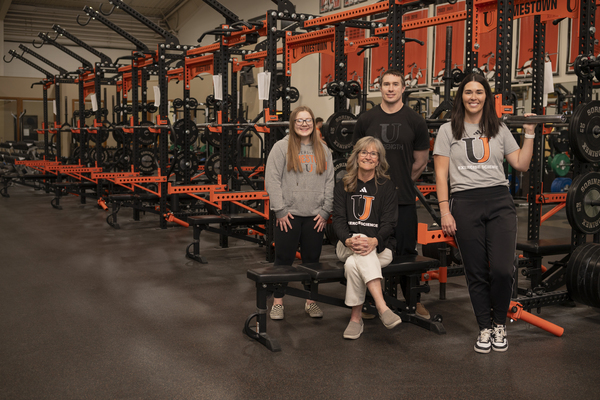 The University of Jamestown's Exercise Science – Strength and Conditioning program has achieved full accreditation from the Council on Accreditation of Strength and Conditioning Education. Pictured, from left are student Arin Oster; Marla Walter, M.S., UJ Assistant Professor of Kinesiology; Ryder Weischedel, Senior Director of Strength, Conditioning & Campus Wellness; and Nicole Hochhalter, MS, RDN, CSCS, UJ Assistant Professor of Kinesiology. Not Pictured: Student Cody Pellaton.
