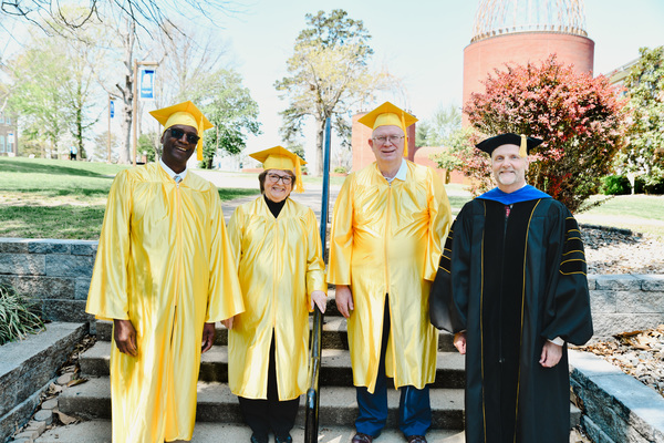 Vice President for Academic Affairs Ray Lutgring, right, joins three new members of the Lindsey Wilson University Golden Alumni Society. From left: Alfred Gordon '76, Linda Waggener,  Randy Kessler '76; Lutgring. 