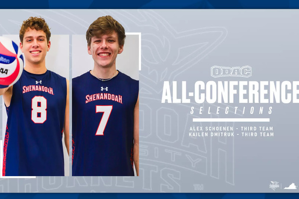 Headshots of two volleyball players alongside a graphic announcing them as all-conference selections.