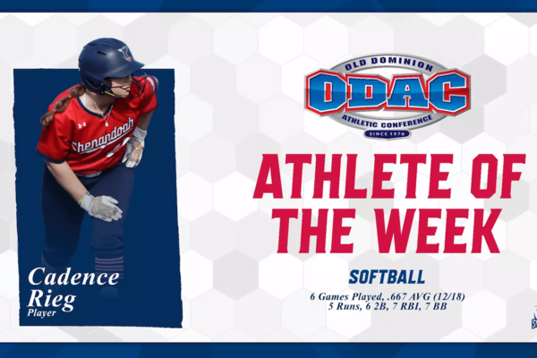 Image of a softball player leading off a base with an "athlete of the week" graphic.