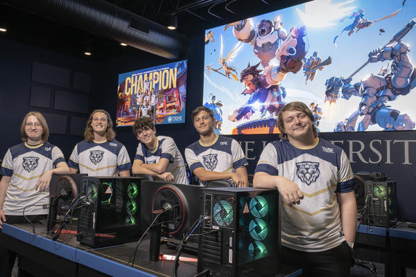 Trine University’s varsity Overwatch esports team, from left, Elton Langley, Jonah Kyle, Logan Gault, Brockstan Tschannen and Hudson Kelly, has qualified for the first ECAC National Founders Invitational, which will be held May 15-17 in San Antonio, Texas.