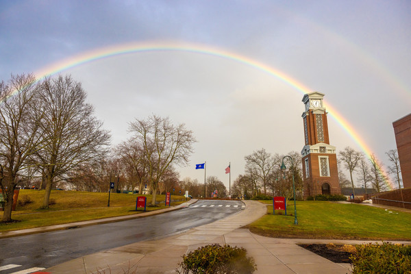 A double rainbow over Eastern's Foster Clock Tower