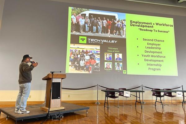 Trent Griffin-Braaf, a nationally recognized entrepreneur and workforce development leader, leads a workshop at SUNY Potsdam on the challenges that incarcerated individuals face as they re-enter society.