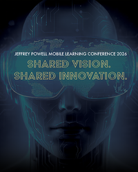 Logo for 2026 Jeffrey Powell Mobile Learning Conference at NEMCC. Technology man with space goggles