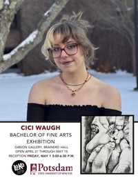 A student poses for a photo in the Academic Quad. The poster underneath advertises Cici Waugh's BFA exhibition in the Gibson Gallery.