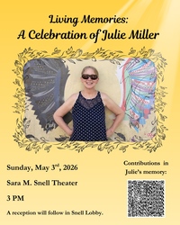 A poster showing Julie Miller smiling with sunglasses on. 