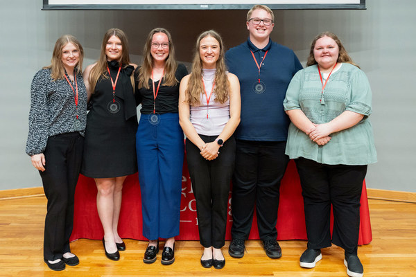 Six Central students were recognized during their honors thesis presentations. Representing the Class of 2026, from left, were Hannah Reynolds, Madison Craig, Grace Benson, Katelyn Freeman, Nathan Smith and Lauryn Venema.  
