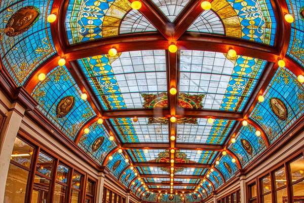 The photo shows the large leaded glass ceiling in Ohio Wesleyan's historic Slocum Hall.