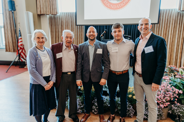 From left, are Jo Ann Bowes, Ron Bowes ’66, Scott Moore, Lucas Kapusta (student/men-s wrestler) and Ed Shifflett ’96.