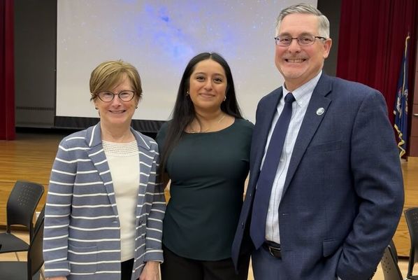 Daniela Mendez-Rodriguez standing with SUNY Oneonta Foundation President Nancy Pierce '77 and Executive Director Paul Adamo '81