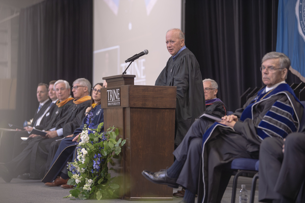 Mitch Daniels, former governor of the state of Indiana and former president of Purdue University, speaks during Trine University's Commencement on May 2. (Photo by Dean Orewiler / Trine University)