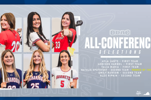 All-conference women's lacrosse graphic with photos of Shenandoah University's six honorees.