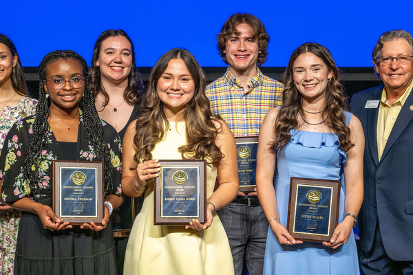 (Back, L-R) Kianna Ortiz,  Isabel Gilbert, Ashton Murry; (Front, L-R) Nicora Coleman, Kimberly Tatiana Alvarez, Lizzie Scales, ASU Provost Don Topliff