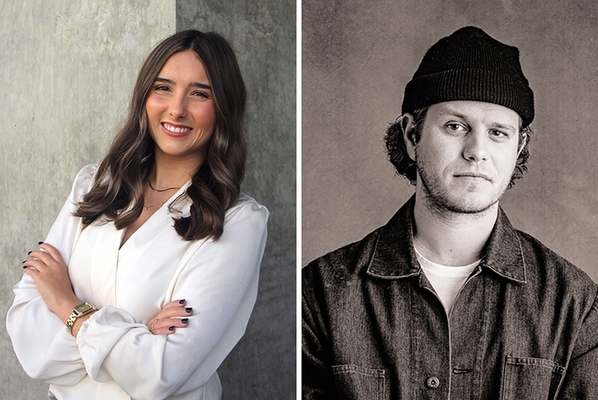 Headshots of both students standing in front of a gray wall. 