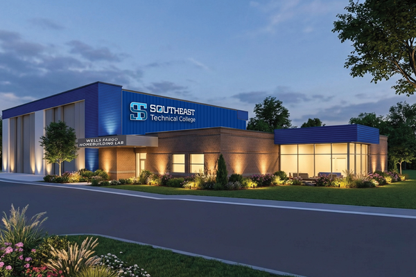 The Wells Fargo Homebuilding Lab will be built on the south end of campus at Southeast Technical College. Officials broke ground on the project May 8, 2026. AI/architectural rendering of building facing west, towards Career Avenue.