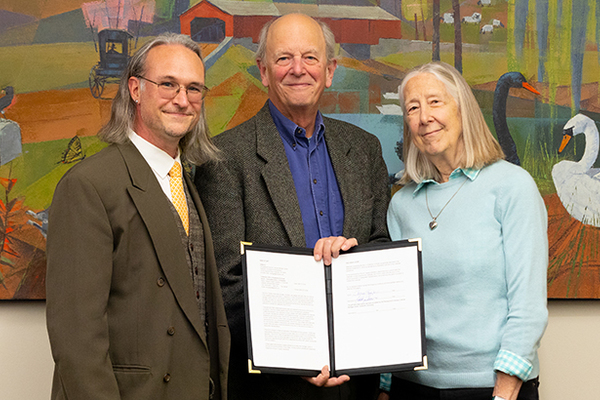 (L to R): Patrick Donmoyer, director of the Pennsylvania German Cultural Heritage Center, Ed and Debbie Gwazda, family of Elric J. Endersby