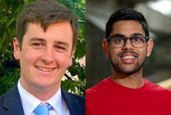 Headshots of both male students, one wearing a blue suit jacket with a white shirt and blue tie and the other student wearing a red tshirt