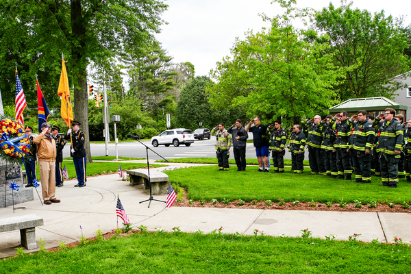 Members of the Garden City Fire Department join the the 42nd Infantry "Rainbow" Division Association during the annual Memorial Day wreath-laying ceremony at the 42nd Infantry Division World War I Memorial on May 24, 2025. Photo by Mark Getman 