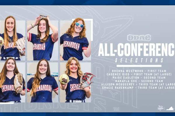 All-conference softball graphic including photos of all six Shenandoah University honorees.
