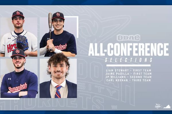 All-conference baseball graphic featuring photos of Shenandoah's four honorees.