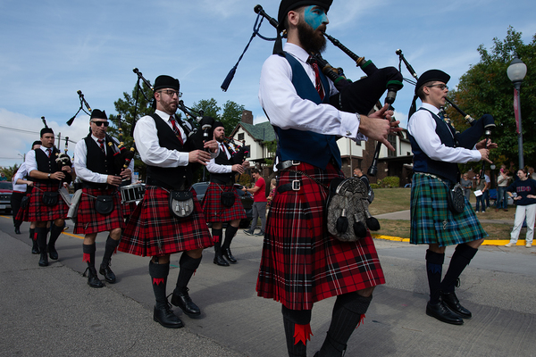 ALWAYS A HIGHLIGHT: Be it a parade, or a home football game, or the matriculation and Commencement ceremonies that bookend the academic year, the appearance of the Pipe Band lets the audience know it's an authentic Monmouth College event.