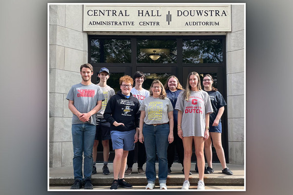 Central's History Club members. Front row, left to right:  Samuel Kerns ’29, Joshua Kuhlers ’28, Lori Witt, associate professor of history, Madison Price ‘27. Back row, left to right:  Kael Dircks ’26, Christopher Little ’26, Lauryn Venema ’26, Elizabeth Kerns ’26. Members not pictured:  Chase Grandia ’26, Caelin Barbour ’26, Steel Anderson ’28, Alivia Akers ’27, Laura Waggoner ’27, Connor Helm ’29, Campbell Crabb ’29, Landon Messer ’28, Christian White ’29.