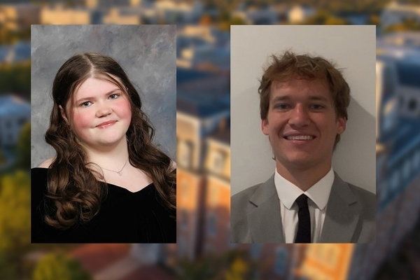 Composite of Caden Slate and Ben Pschier with an aerial view of the University of Arkansas. Slate's portrait on left; Pschier's headshot on right.