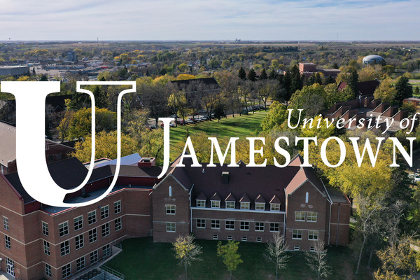 Image of University of Jamestown logo printed over drone shot of college campus. 