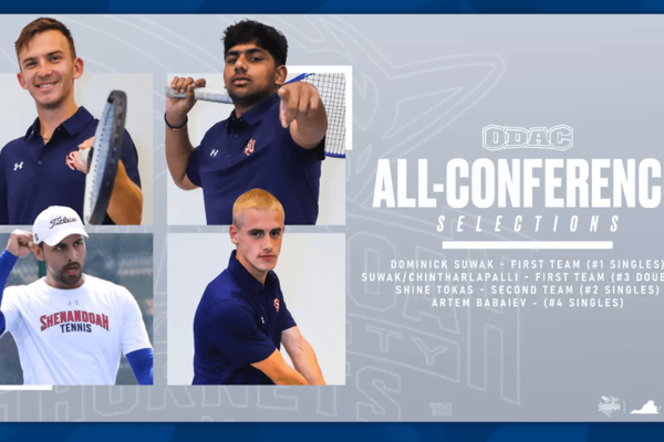 All-conference graphic featuring photos of four honorees from Shenandoah's men's tennis program.