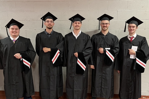 Michael Folton of Jerome, Pa.; Joshua Mathis of Johnstown, Pa.; Mason Krouse of Jennerstown, Pa.; Liam Kerlin of Ligonier, Pa.; and Hayden Sutton of Ebensburg, Pa., members of the inaugural graduating class of Saint Francis University’s Aviation Maintenance Technician (AMT) Certificate Program, celebrate earning their General, Airframe, and Powerplant certificates and qualifying to take their final Federal Aviation Administration (FAA) examinations.