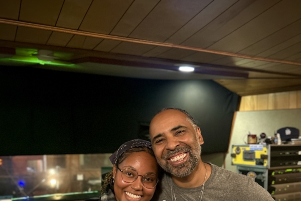 DSU Delta Music Institute student Cidney Dailey (left) and acclaimed producer Boo Mitchell at the legendary Royal Studios in Memphis, Tennessee.