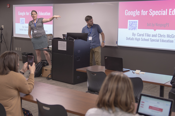 Carol Fike, left, and Chris McGrew, special education teachers at DeKalb High School, present on "Google for Special Education" at last year's Storm Into Summer at Trine University. This year's event on June 2 will include 28 different sessions presented by educators on topics ranging from AI, Innovation in Education, Learner Engagement and Success, STEAM, Literacy and the Science of Reading and Monitoring Student Learning to Universal Design for Learning and Accessibility. (File photo by Dean Orewiler / Trine University)