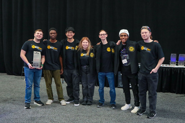 KUdos, Kettering University’s VEX U robotics team, poses with the Innovate Award at the 2026 VEX U World Championship in St. Louis. 