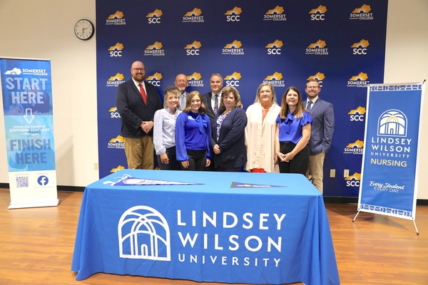 Somerset Community College and Lindsey Wilson University announce the establishment of a concurrent enrollment agreement on Monday, May 11, to create a faster pathway to earning a bachelor’s degree for nursing students. Back row, from left: Somerset Community College Director of the University Center of Southern Kentucky and Transfer Coordinator Korey Bruck; Lindsey Wilson University Executive Vice President Dean Adams; SCC Provost Ron Meade; and SCC Dean of Health Sciences Corey Moore. Front row, from left: Lindsey Wilson University Assistant Professor of Nursing Kristen Branham;; LWU Director of Nursing Emiley Button; SCC Director of Nursing Ruth Martin; SCC Assistant Director of Nursing Tamara Eastham; and LWU Assistant Director of Nursing Angie Johnson.   