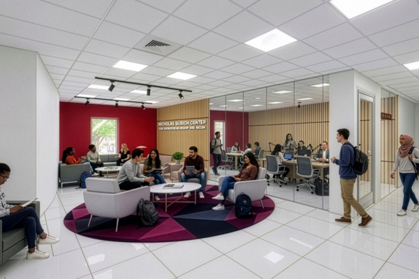 A rendering of the planned Nicholas Subich Center for Entrepreneurship and Media shows the future design of the facility.