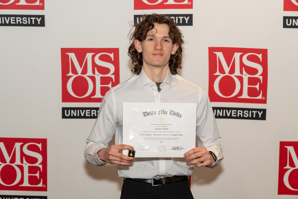 Representation of the achievement named 'MSOE business students inducted to Delta Mu Delta'.