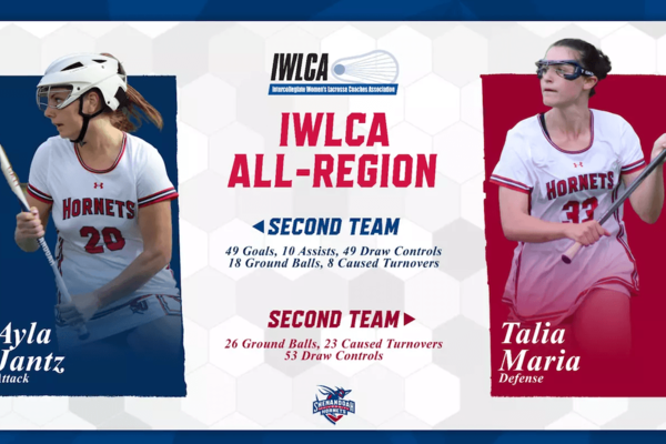 All-region women's lacrosse graphic featuring photographs of Shenandoah University's two honorees.