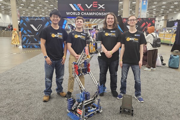 KUdos, Kettering’s VEX U robotics team, stands with the Innovate Award at the 2025 VEX Robotics World Championship in Dallas.