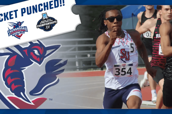 A graphic featuring the Shenandoah University athletic logo and a student-athlete sprinting during a track and field race.