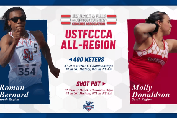 All-region track and field graphic featuring photographs of Shenandoah University's two honorees.