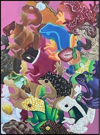 A colorful painting of frogs, interspersed with bits of fruit.
