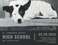 A poster image includes a depiction of a sleeping black and white dog painted by a student.