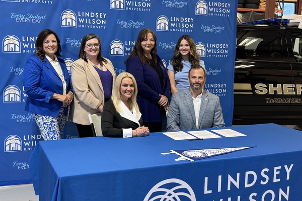 Standing, from left: LWU Assistant Vice President for Educational Outreach Tommie Saragas; School of Professional Counseling Alumna Lainey Crown ’22; Regional Enrollment Director Cheryl Boger; and Enrollment Coordinator Sadie Miller. Sitting, from left: Assistant Director of Graduate Counseling Hannah Coyt and McCracken County Sheriff Ryan Norman.