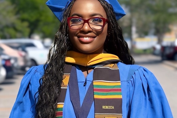Rebecca Aba Gaisie, from Tema, Ghana, celebrates graduating from EIU earlier this month, having earned a Master of Science Degree in Sustainability.