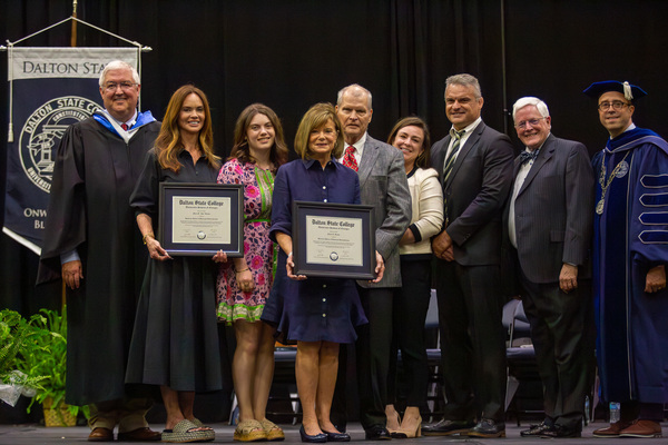 Pictured from left are David Elrod, Dalton State vice president of institutional advancement; Tracee Whitworth Reynolds; Jolie Reynolds; Lynn Brown Whitworth; Keith Whitworth; Michaela Whitworth; Chip Whitworth; Bryan McAllister; and Dalton State President John Fuchko.