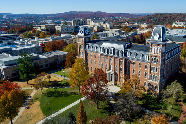 aerial shot of Old Main and the University of Arkansas campus