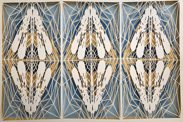 Despina Stokou, Strolleroptera–Triptych Blue, 2019. Hand-cut paper, acrylic on paper, gold acrylic color and foam board, 32 × 42 inches (framed)