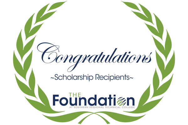 Graphic with a green wreath and the text "Congratulations ~Scholarship Recipients~" above the Foundation at Southern Regional Technical College logo