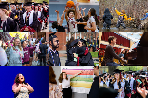 A grid of photos shows graduates, student athletes, students teaching, performing, presenting research and taking part in activities on campus.