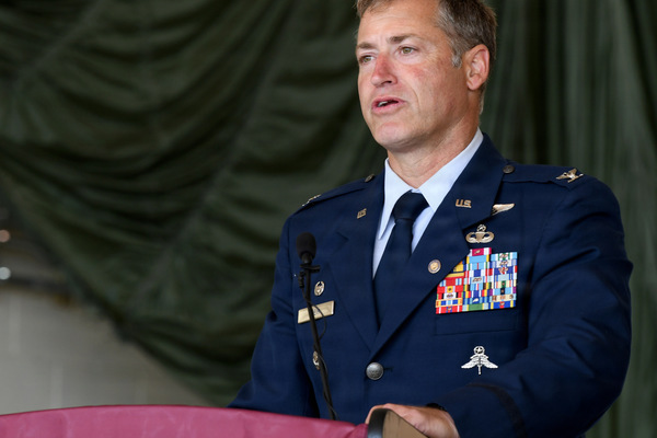 New York Air National Guard Col. Glyn B. Weir, assigned to the 106th Rescue Wing, speaks during his retirement ceremony at Francis S. Gabreski Air National Guard Base, Westhampton Beach, New York, June 6, 2026. Weir retired after 34 years of military service, including more than two decades with the 106th Rescue Wing. (U.S. Air National Guard photo by Tech. Sgt. Kevin Donaldson)